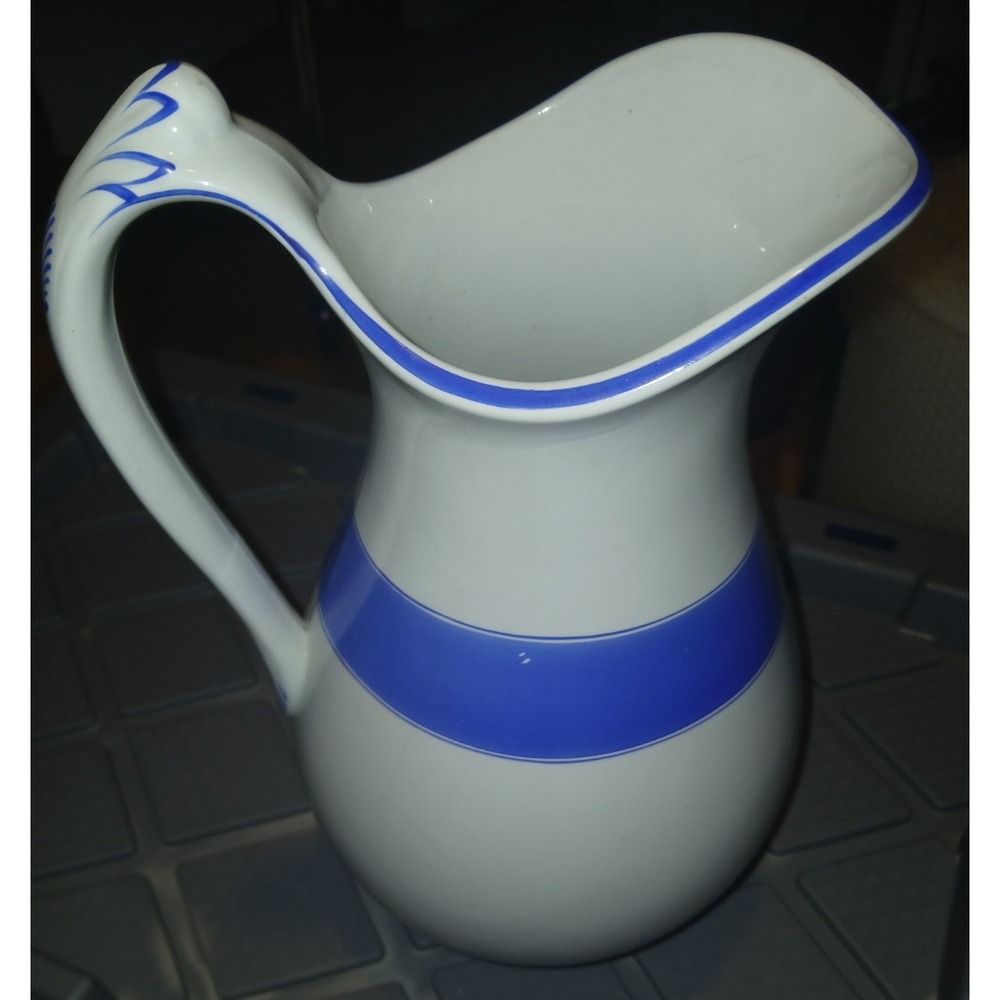 White & Blue Striped Ceramic Pitcher Jug, Glossy Finish, Handle, Decorative